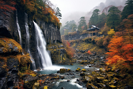 秋色笼罩的山谷瀑布景观图片