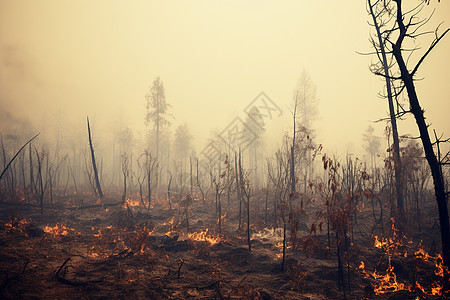 森林火灾浓雾中燃烧的森林背景