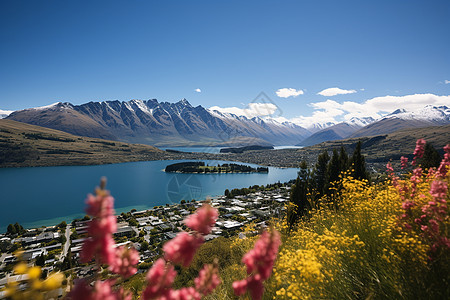 湖光山色的花海城市景观图片