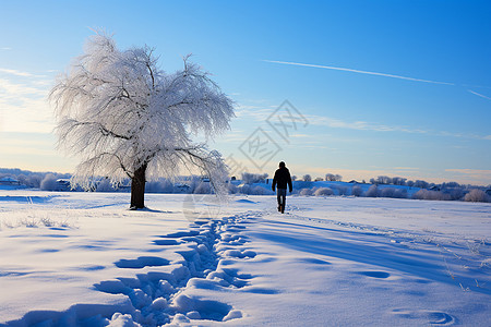 散步背影雪地脚印背景