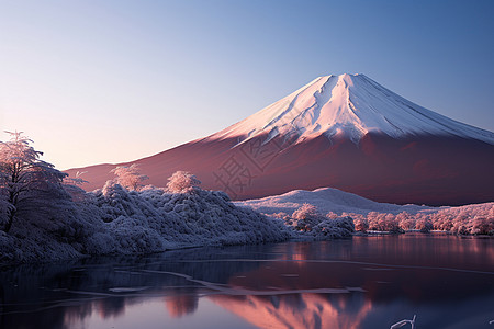 富士山下的湖泊背景图片