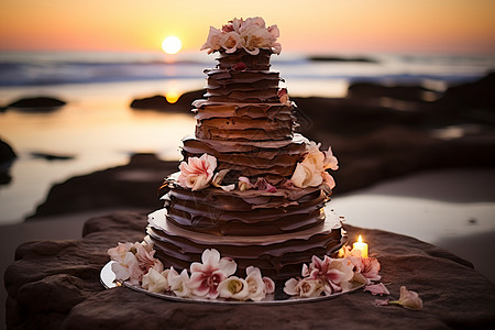 海滨上的巧克力蛋糕图片