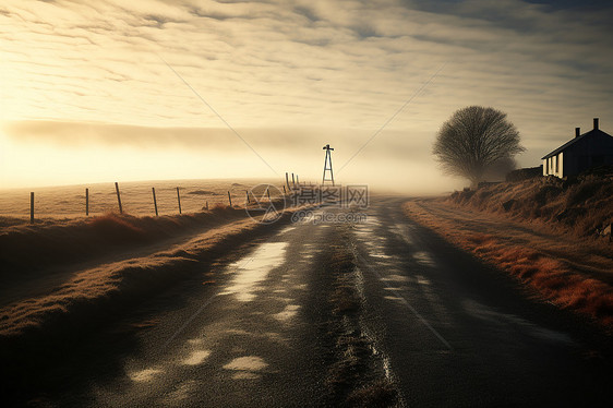 迷雾缥缈中的冬日道路图片