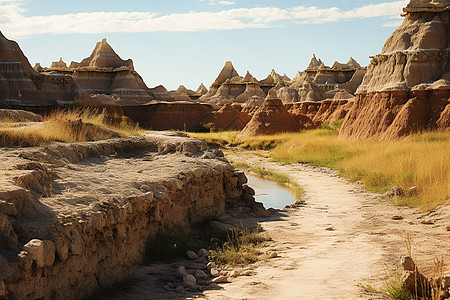沙漠中的一条土路路的一侧有几块石头另一侧有几株草哑光绘画作品大地艺术图片