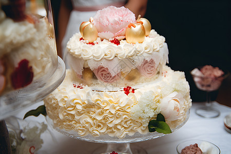 新鲜烘焙的奶油婚礼蛋糕图片