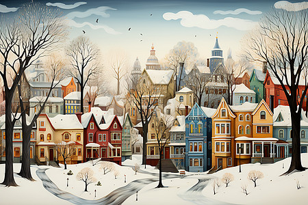 寒冬奇幻的小镇绘画背景图片
