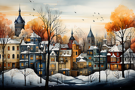 冬季小镇的树木绘画背景图片