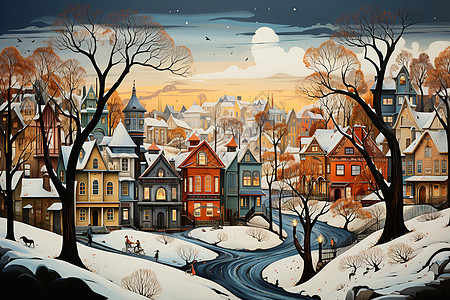 冬季城市的房屋绘画背景图片