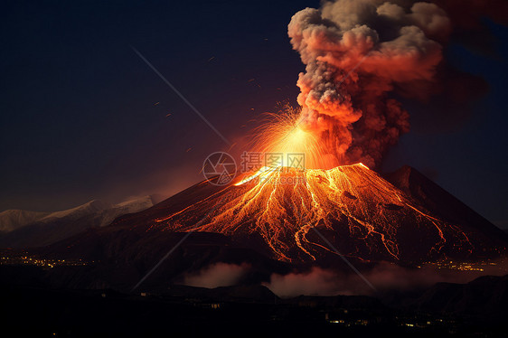 夜空中火山喷发图片