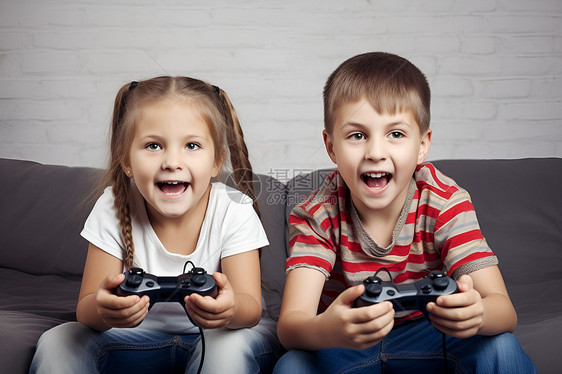 两个孩子坐在沙发上玩电子游戏图片