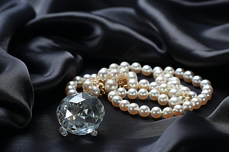 镶嵌钻石的珍珠项链背景图片