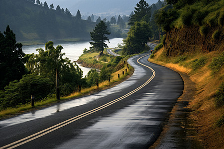 森林公路雨后湖边的湿滑公路背景