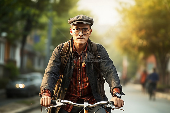 城市街道上骑行的男人图片