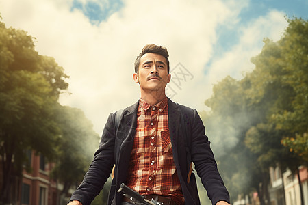林荫道中骑自行车的男子图片