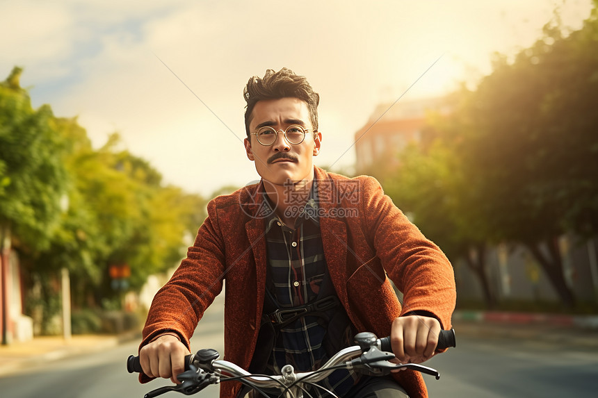 夕阳下骑自行车的男人图片