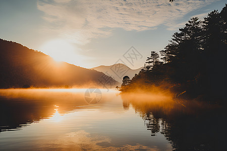 日出时山间湖泊的美丽景观图片