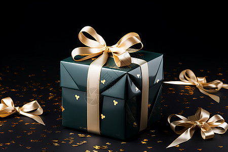 金色丝带点缀的绿色礼品盒图片