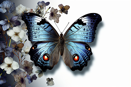 白花旁的蓝蝴蝶背景