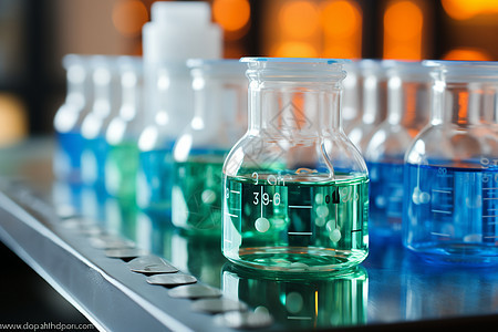 实验室玻璃器皿上的蓝绿溶液图片