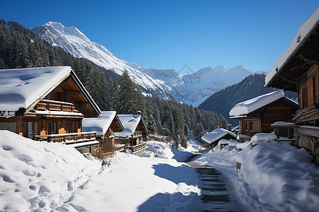 雪山村庄的冬日景象图片