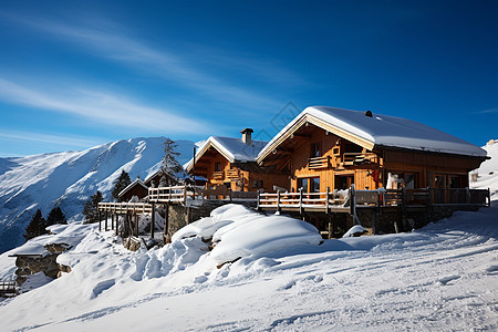 冬季白雪覆盖的山谷小屋图片