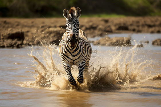 斑马在河流中奔跑图片