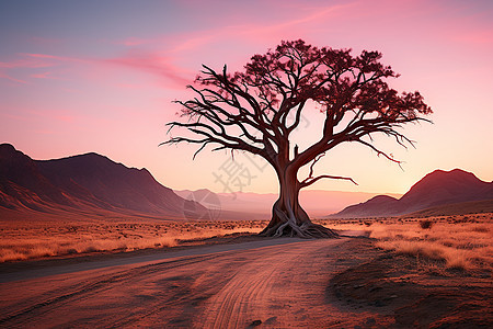 沙漠道路中间的树木图片
