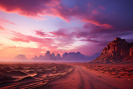 夕阳下的沙漠道路图片