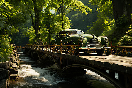 瀑布石桥上的汽车图片