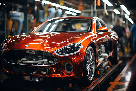 工厂中制造的红色汽车背景图片