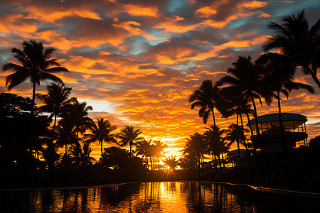 日落中的棕榈树背景图片