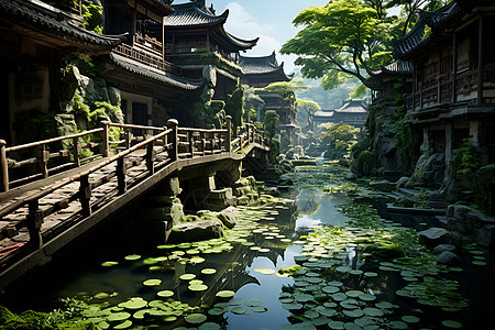 中式园林里的河流背景图片