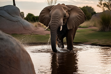 大象在水池里洗澡图片