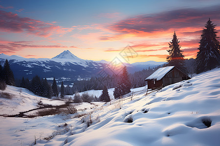 冬季雪地中的小木屋图片