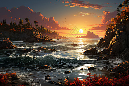 夕阳下的海岸风景图片