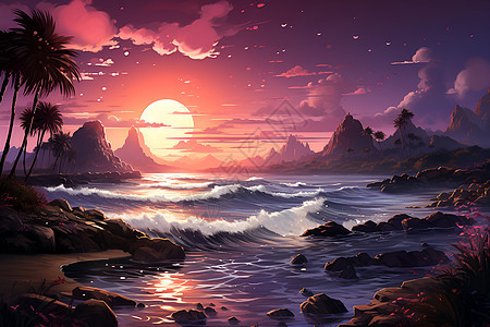 夕阳下海边的海浪图片