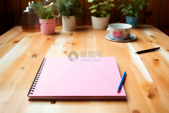 桌子上的粉色笔记本图片