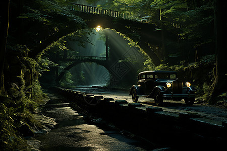 林中隧桥下的汽车图片