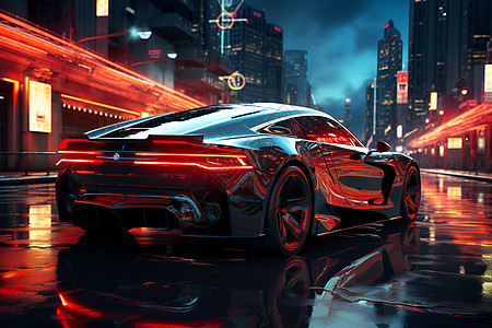 未来都市夜间行驶的汽车背景图片