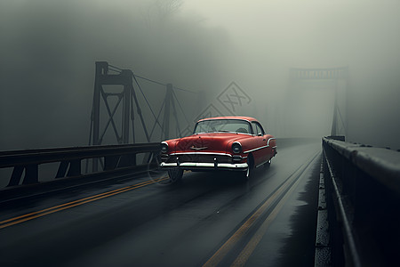 桥梁建筑红车穿过迷雾缭绕的吊桥背景