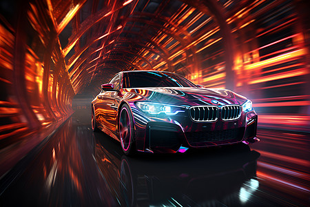 霓虹隧道中的未来汽车图片