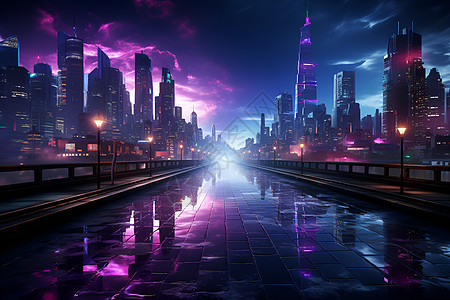 紫色夜幕下的城市插图图片