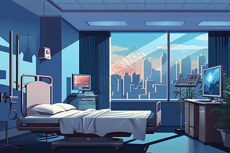 手术设备医院病房里的病床插画