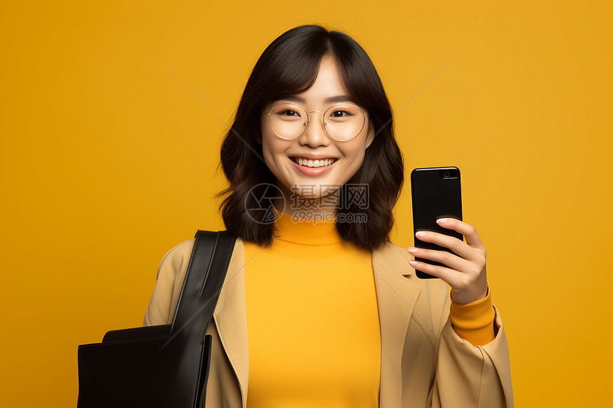 女孩微笑展示智能手机图片