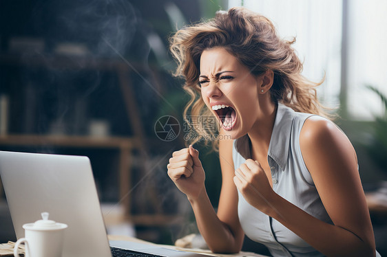 坐在电脑前尖叫的女士图片