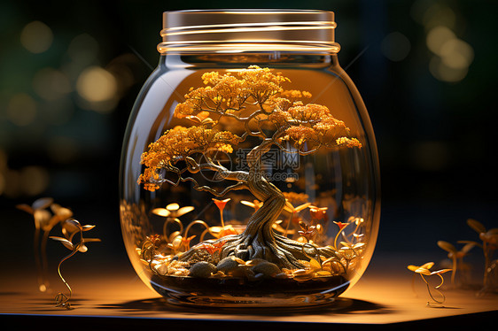 奇幻超现实主义玻璃罐中的树图片