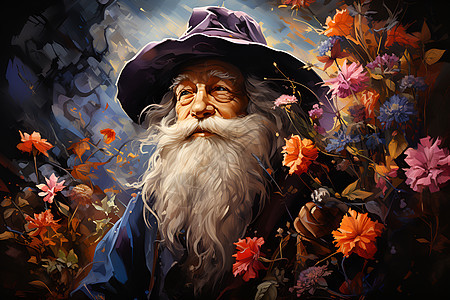 奇幻花丛中的胡子老人图片