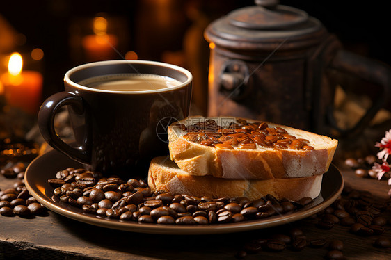 美味的咖啡面包早餐图片