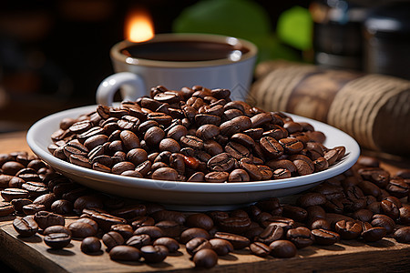 桌面上新鲜烘焙的咖啡豆图片