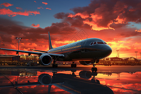 日落时机场停机坪停靠的飞机图片